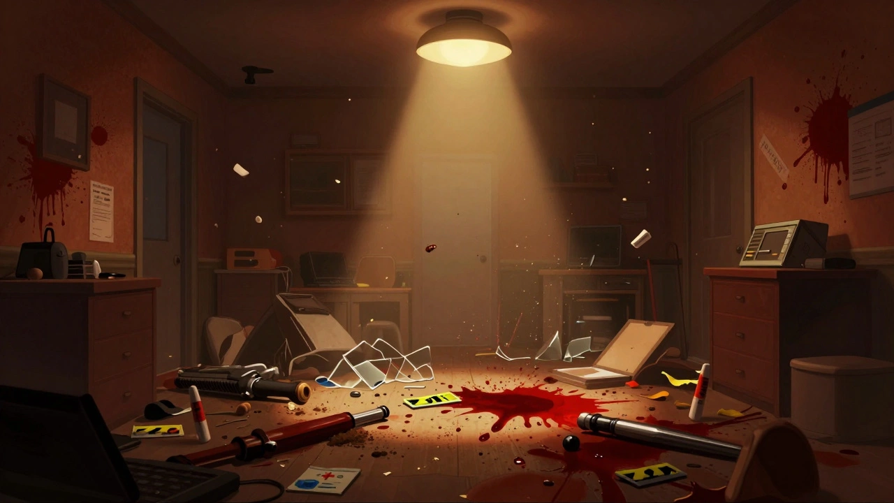 Chaotic crime scene with scattered debris and forensic markers in low light