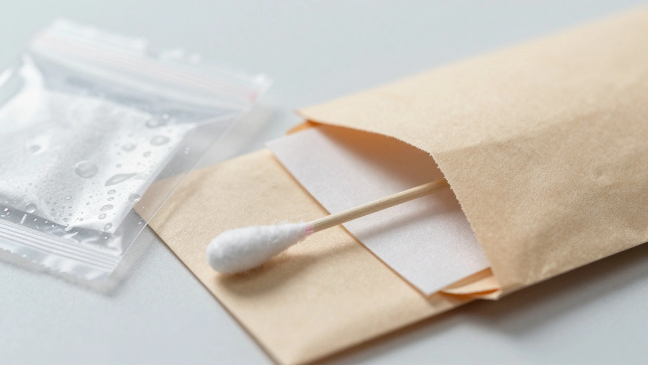 Close-up of a dry swab in a paper envelope next to a damp one in plastic.