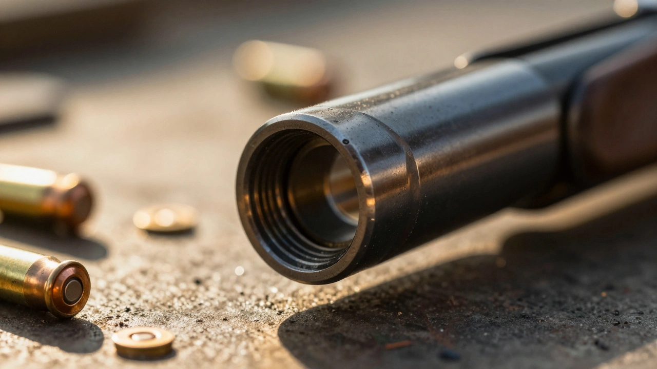 Close-up of a shotgun choke tube with scattered pellets on a workbench.