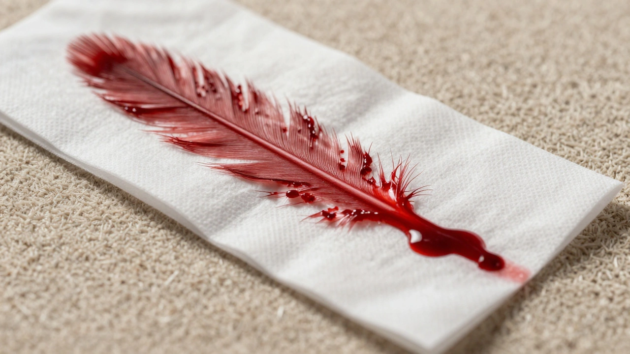 Close-up of blood feathering on carpet showing direction of movement