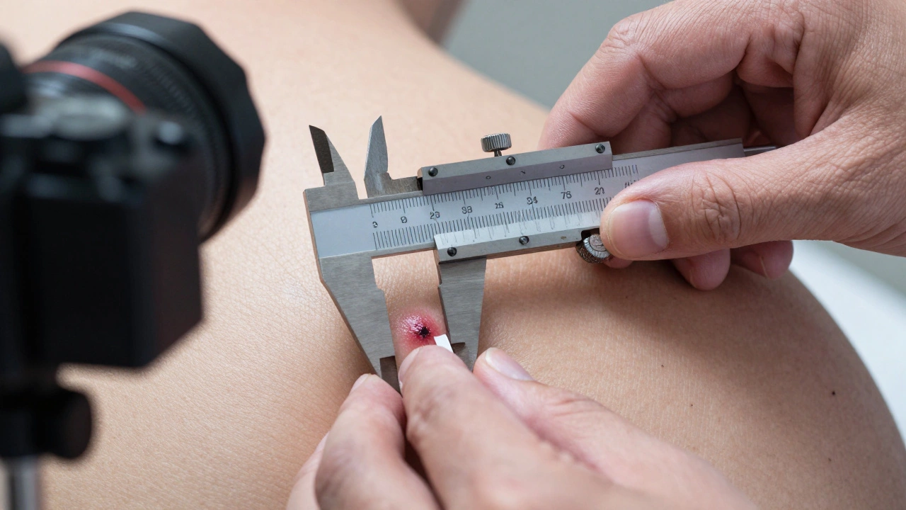 Close-up of calipers measuring a wound during a forensic external exam