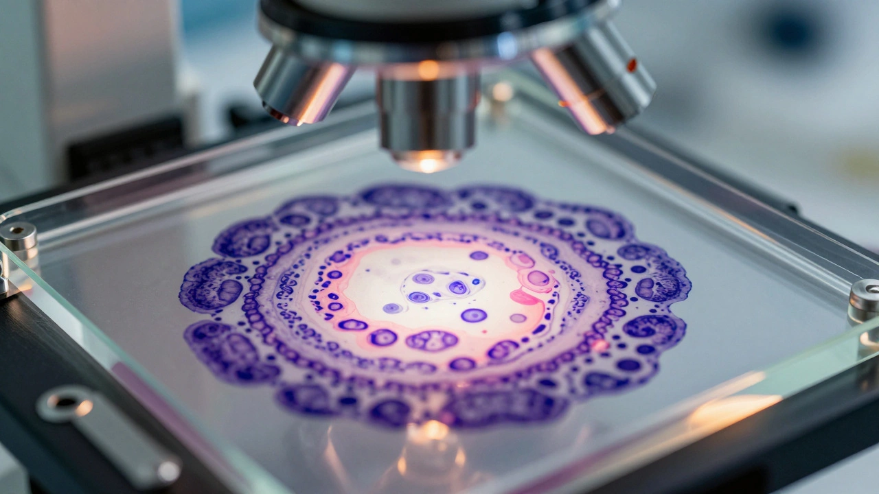 Close-up of colorful stained tissue cells on a microscope slide in a lab setting
