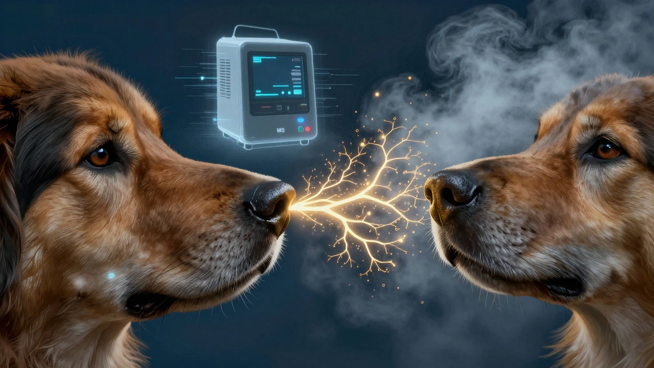 Close-up of dog nose detecting microscopic fuel particles visually