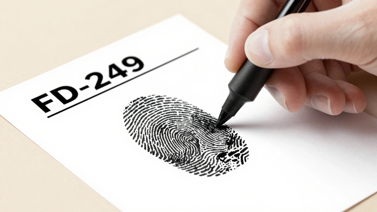 Close-up of finger being rolled on inked fingerprint card