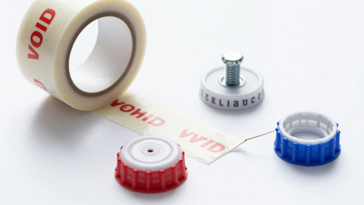 Close-up of tamper-evident seals, including void tape and serialized bolt seals.