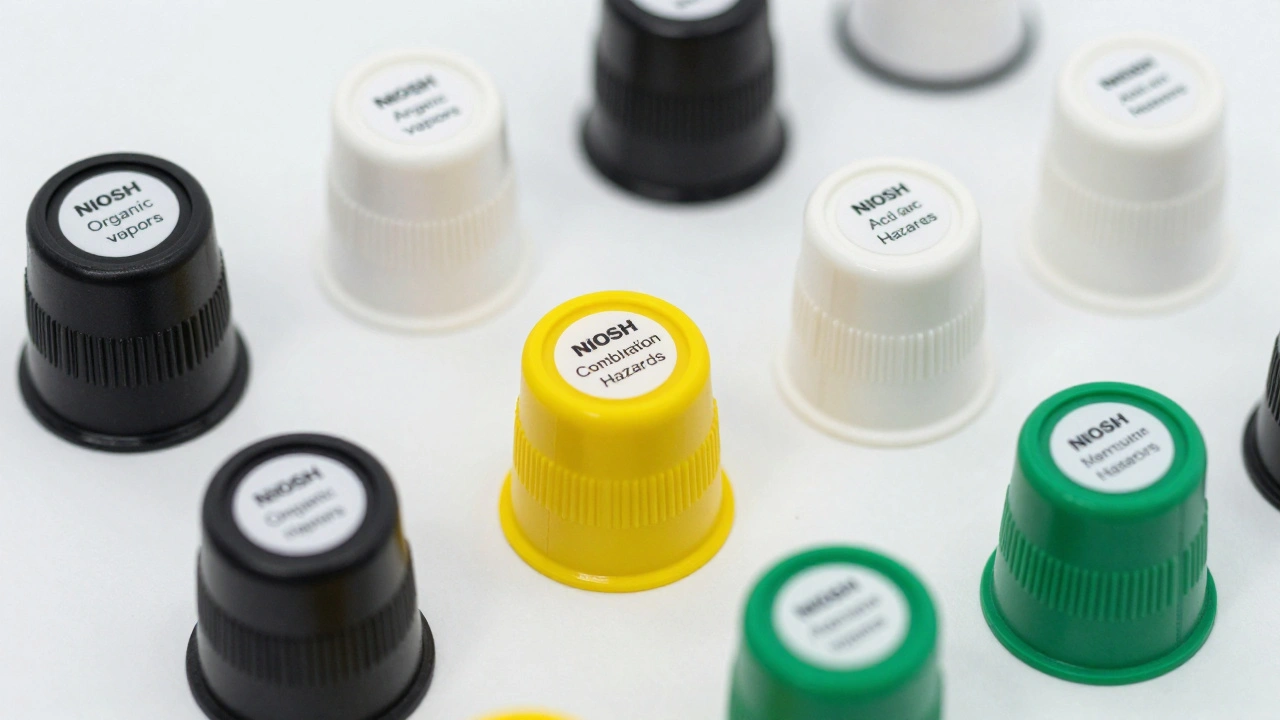 Color-coded respirator cartridges for different chemical hazard types.