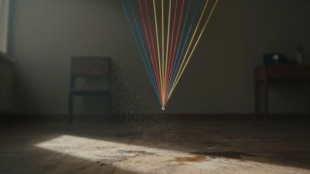 Colored strings converging in mid-air to pinpoint the area of origin in a crime scene.