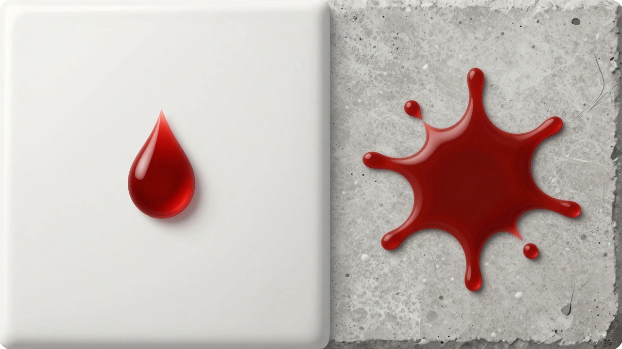 Comparison of blood droplet on tile versus spread on concrete