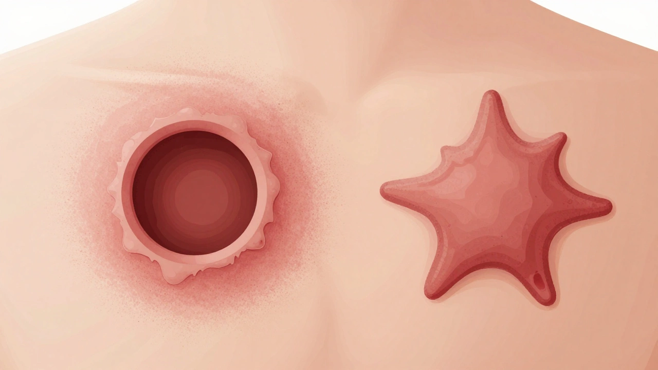 Comparison of entry wound with stippling and irregular exit wound