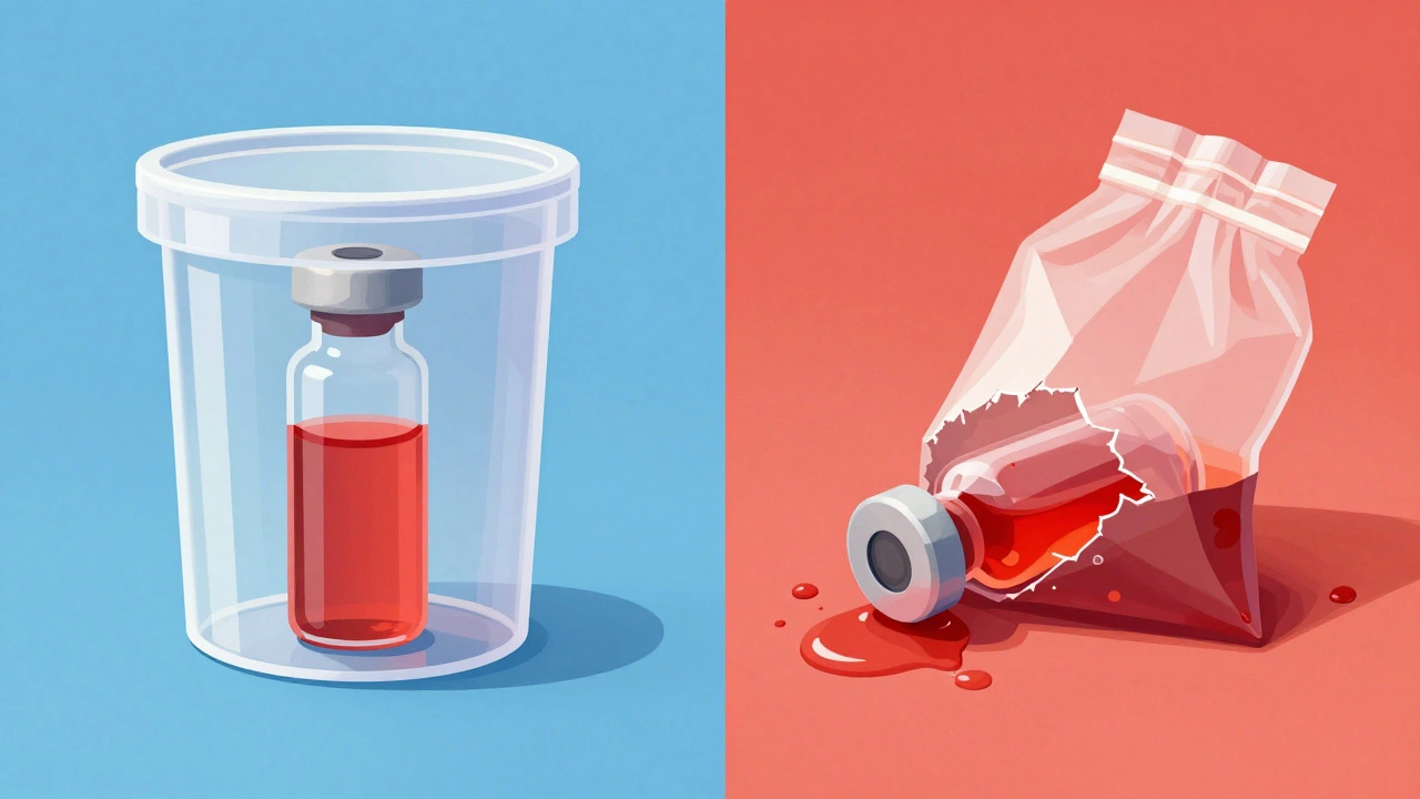 Comparison of safe double-wrapped vs leaking single-layer evidence