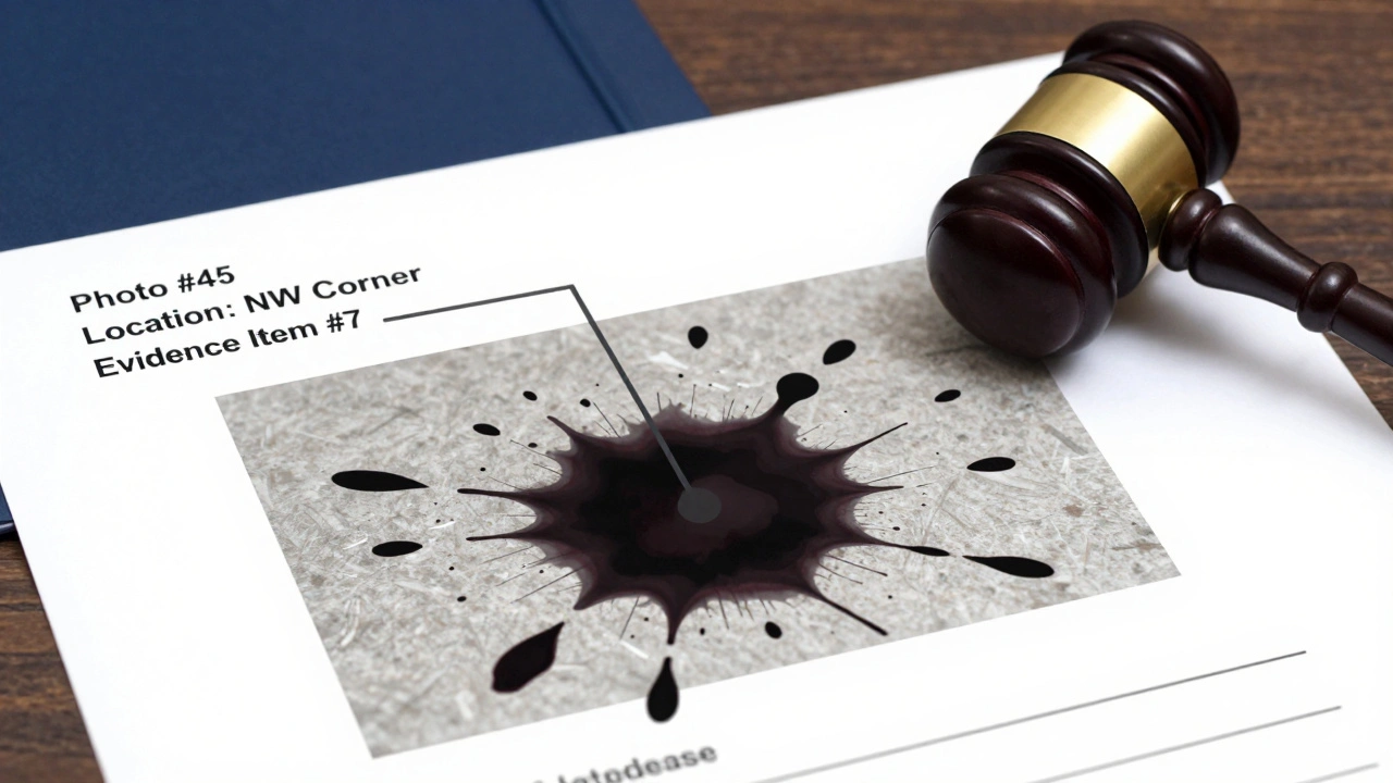 Composite image linking a crime scene photo to metadata and a judge's gavel.