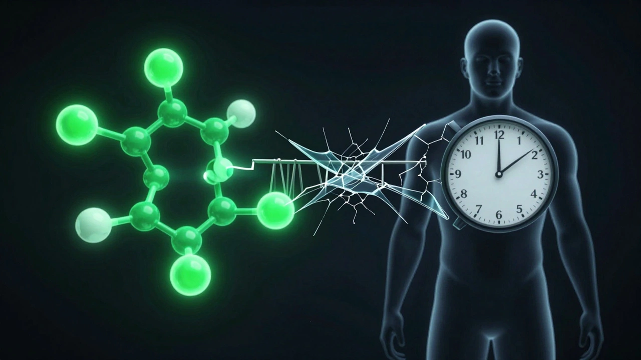 Conceptual art showing a cracking bridge between a drug molecule and a human silhouette.