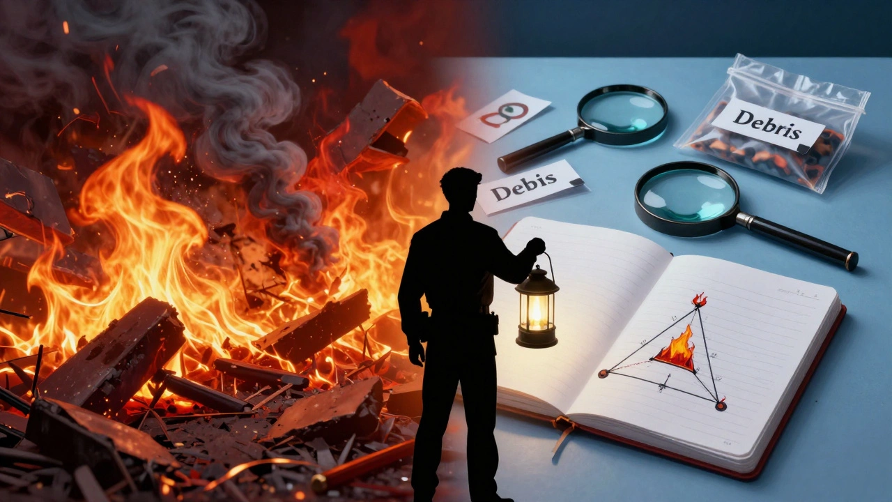 Conceptual art showing fire chaos versus forensic evidence analysis