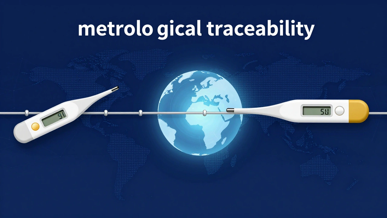 Conceptual graphic showing a chain linking a thermometer to global SI units.