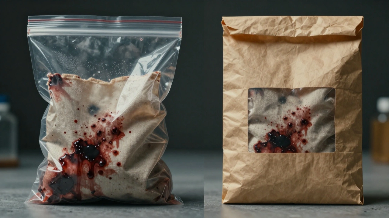 Contrast between wet plastic bag and dry paper envelope for evidence storage.