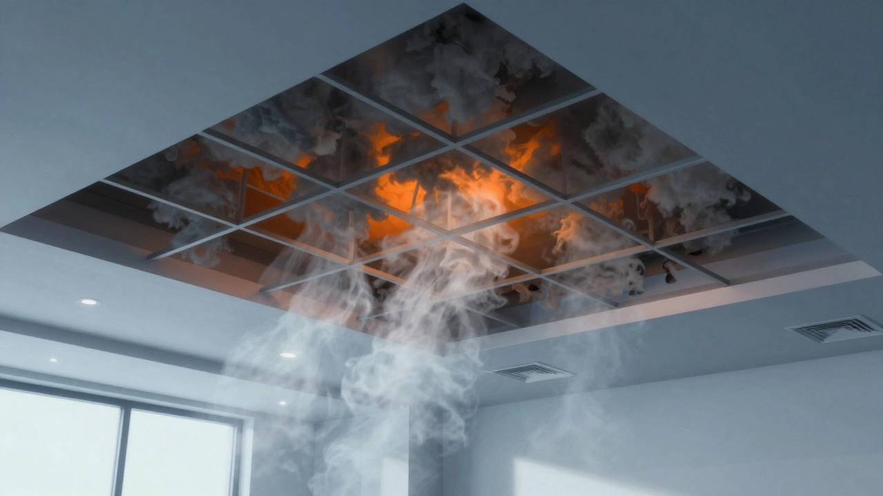 Cutaway view of smoke traveling through ceiling voids