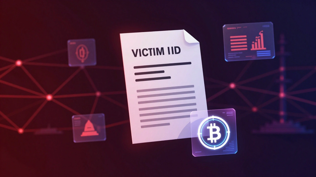 Deconstructed ransom note showing victim ID and payment details for forensics