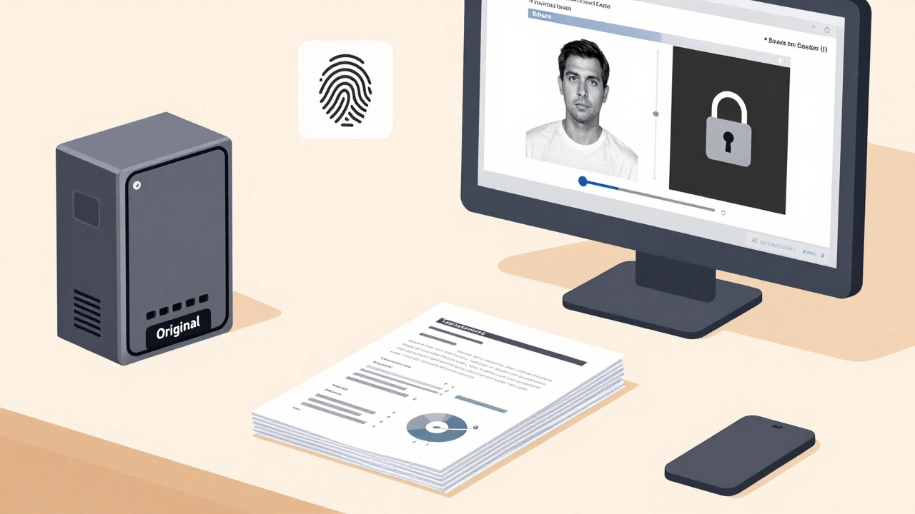 Desk with forensic reports, secure drive, and before-and-after image comparison.