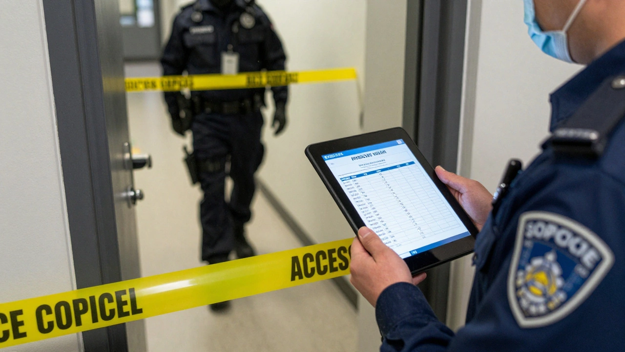Detective managing a digital access log at a single crime scene entry point
