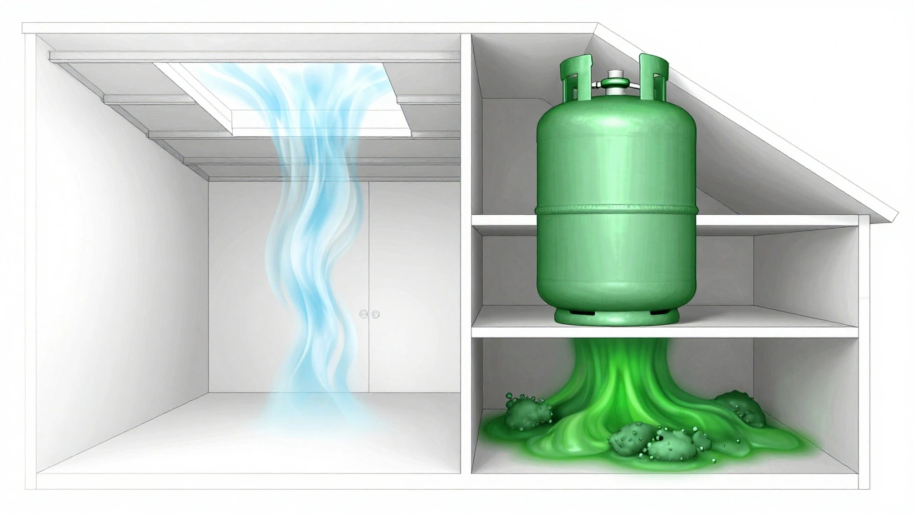 Diagram showing methane rising and propane sinking in home