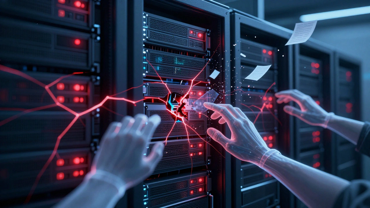 Digital art of a breached server room with floating data fragments, symbolizing cyber incident loss.