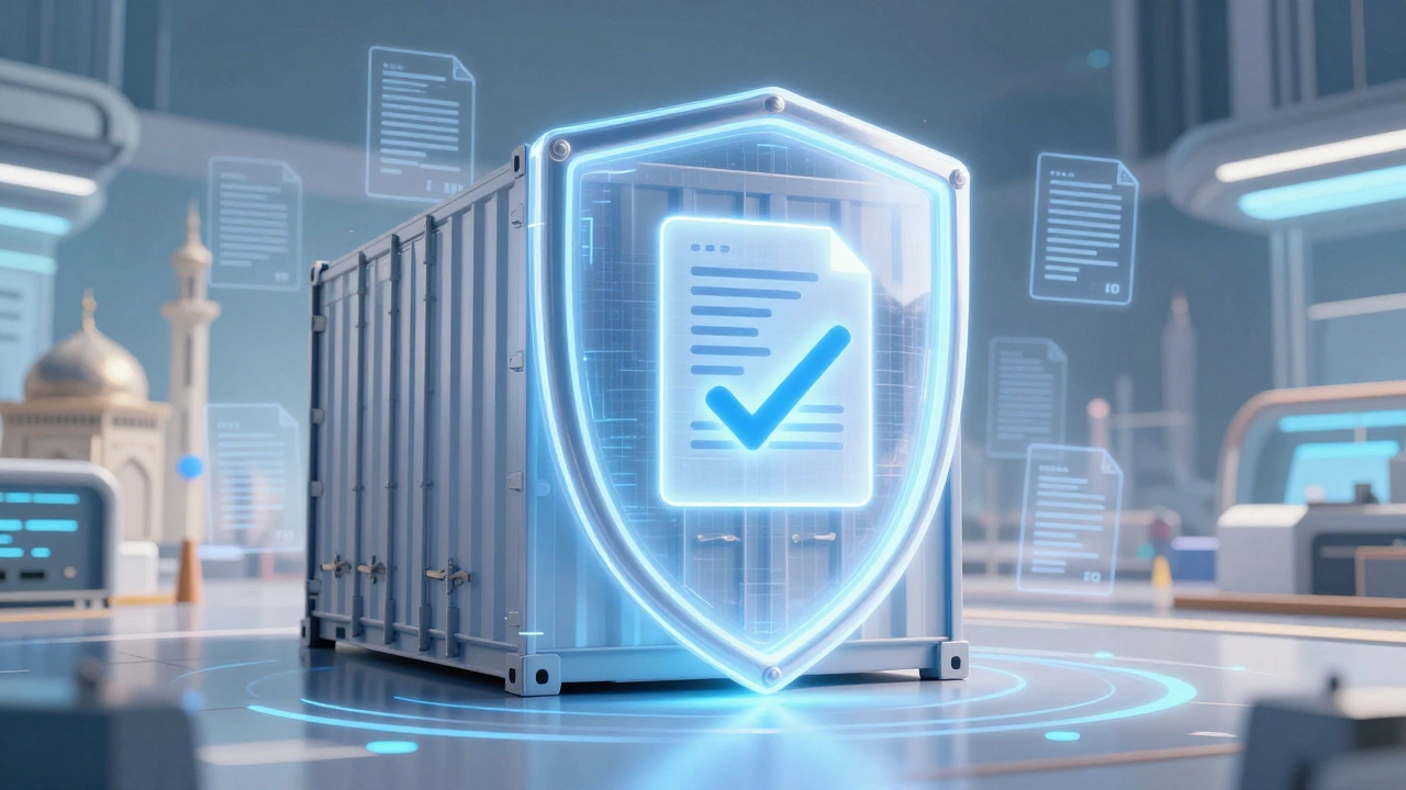 Digital illustration of a secure shipping container protected by a data shield.