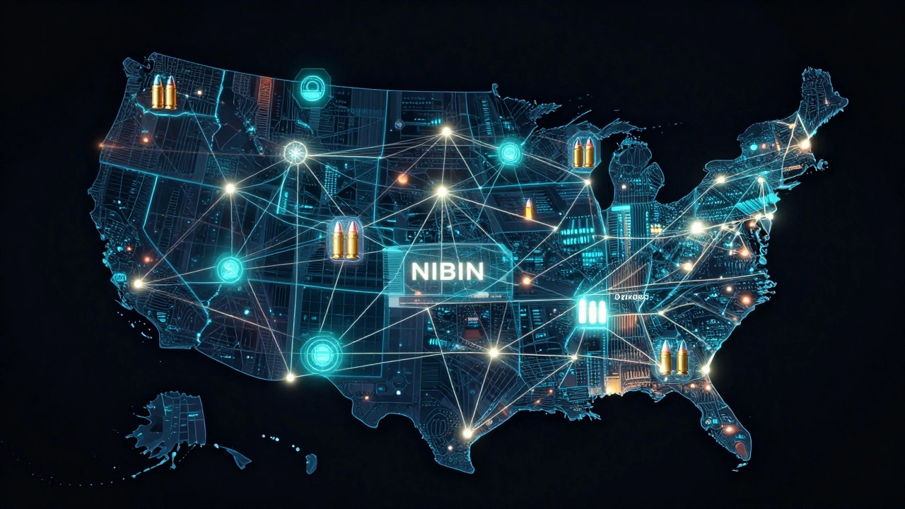 Digital map showing connected crime scenes via glowing data lines across the US.