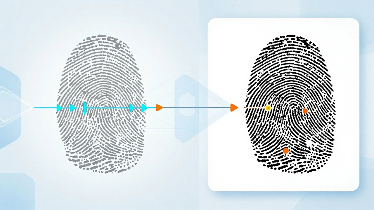 Digital visualization of fingerprint analysis stages with highlighted ridge details.
