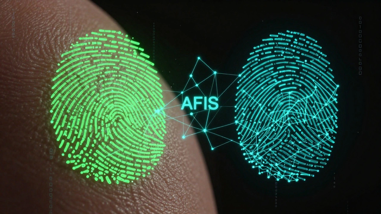 Digital visualization of fingerprint ridges converting into geometric minutiae nodes