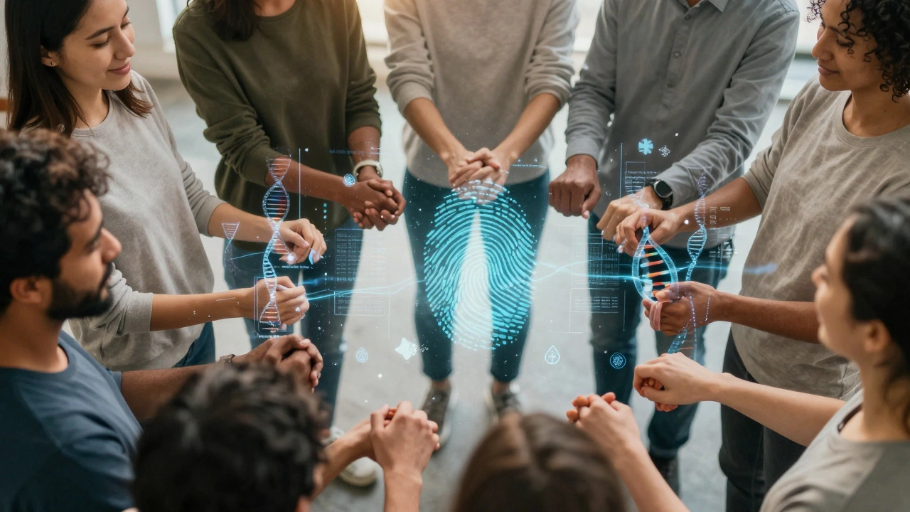 Diverse group united by digital data streams symbolizing humanitarian closure