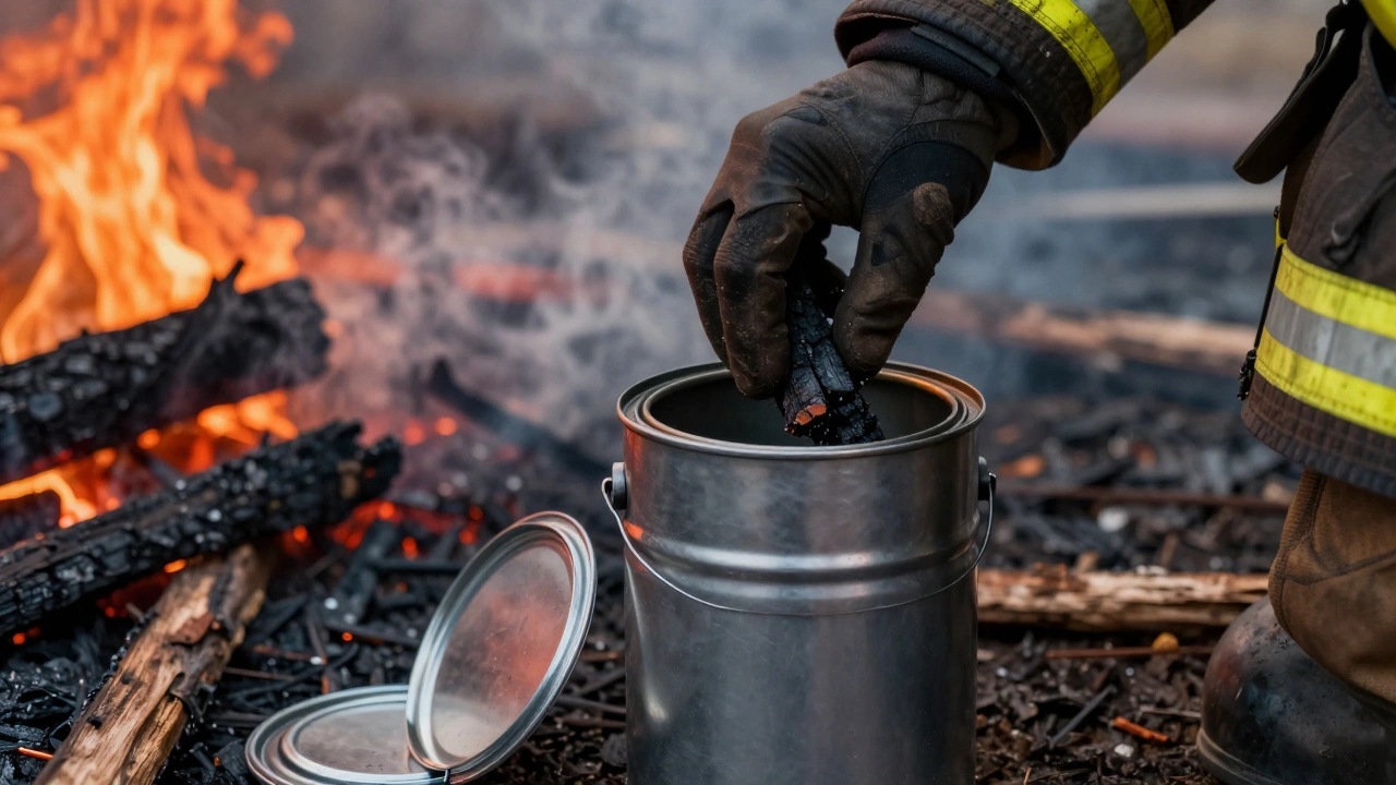 Fire debris being placed in airtight metal can for arson investigation