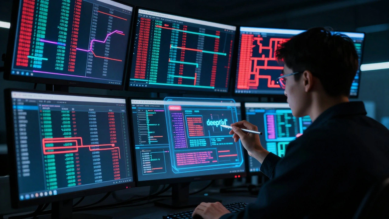 Forensic analyst examining metadata and sensor patterns to detect deepfakes