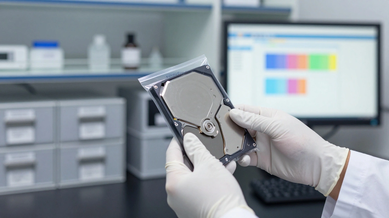Forensic expert handling sealed hard drive in sterile lab environment