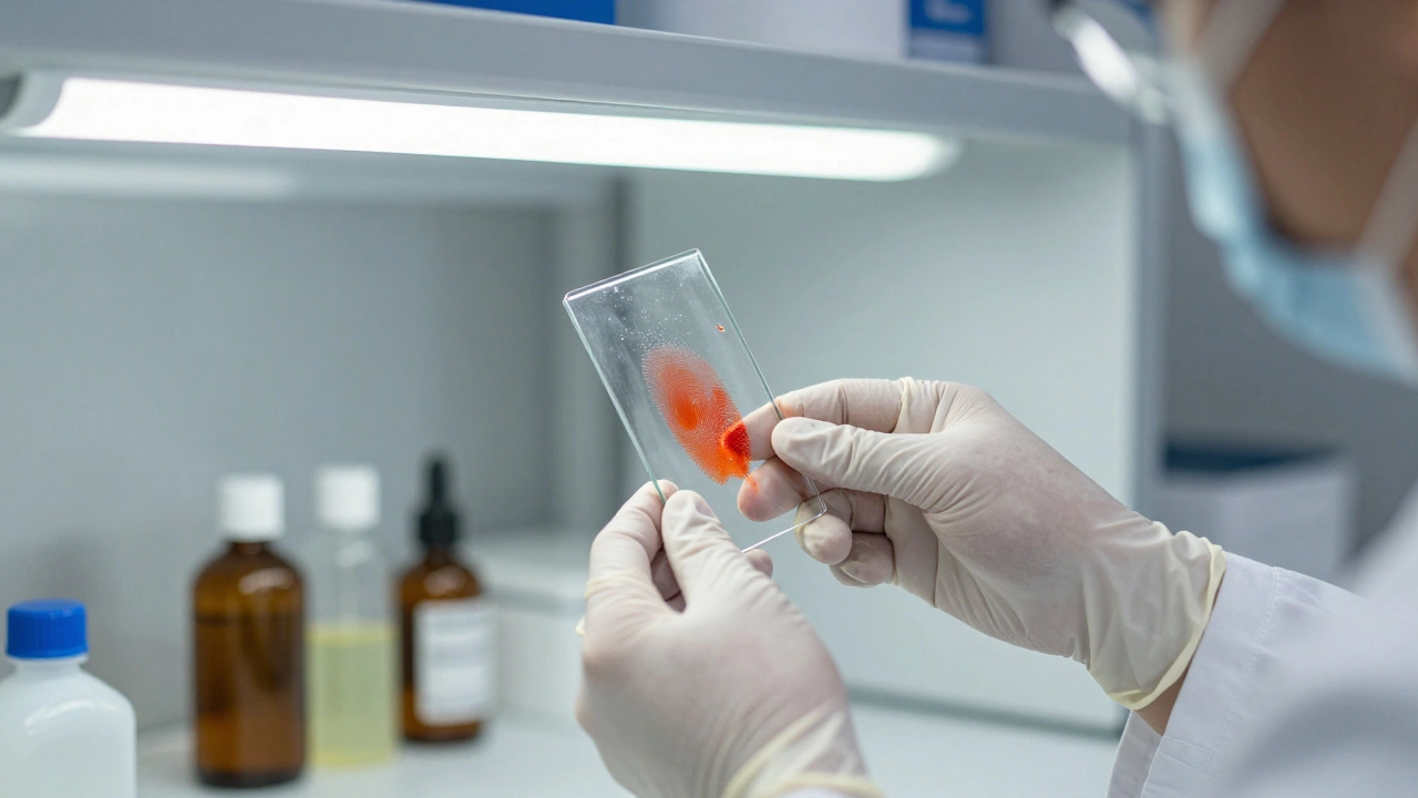 Forensic expert rinsing a glass item to reveal a red-orange fingerprint