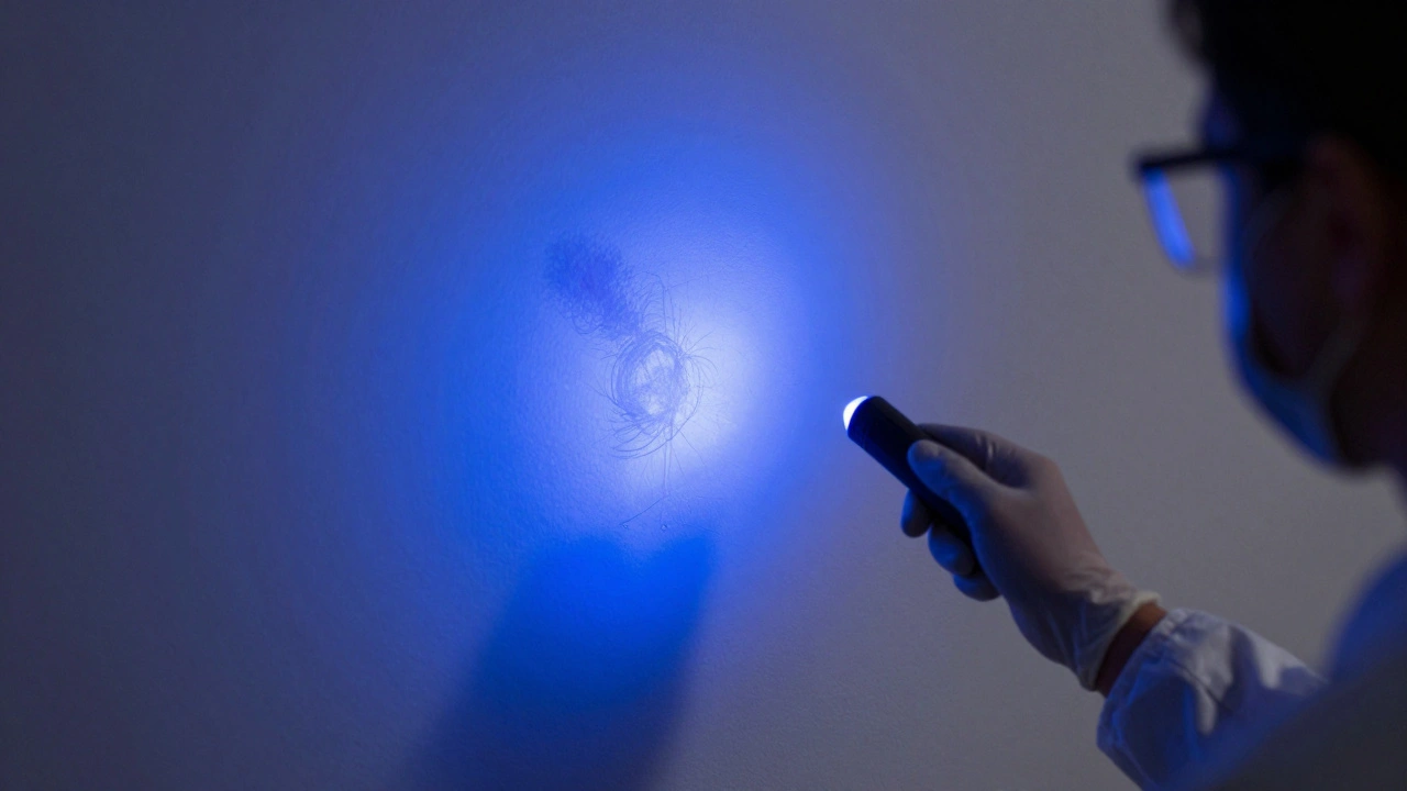 Forensic investigator using UV light to reveal hidden blood stains
