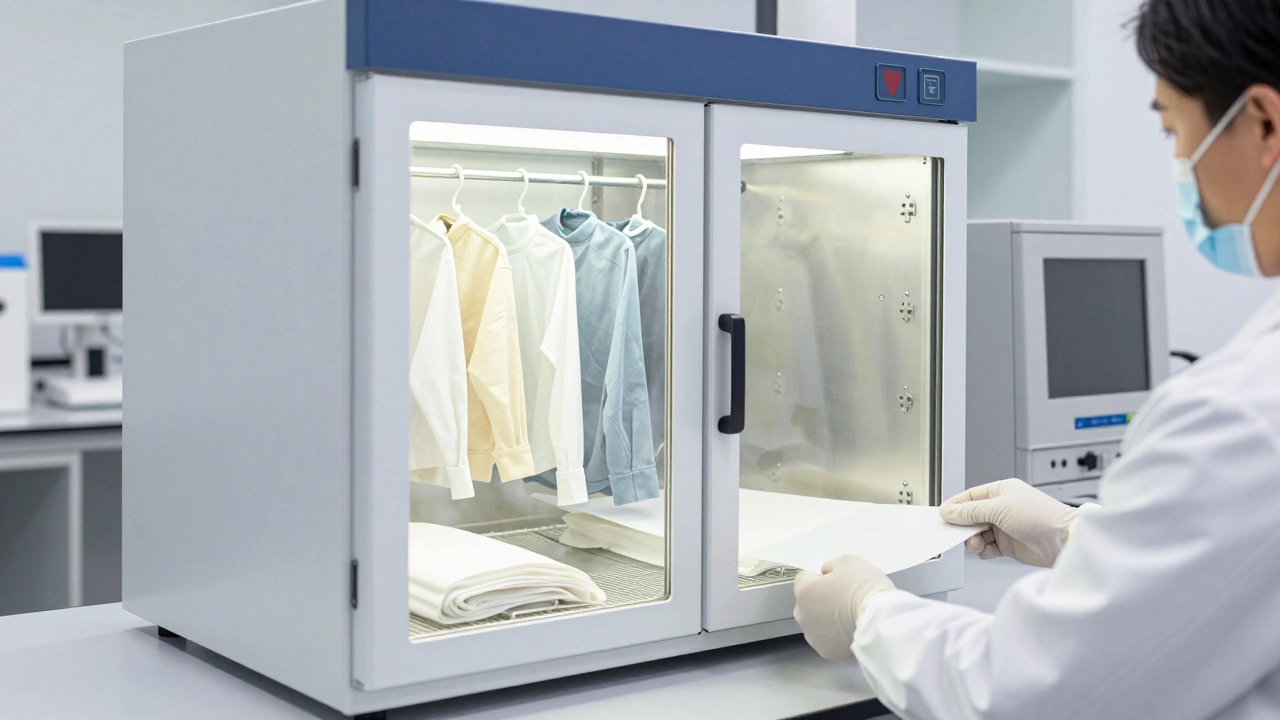 Forensic lab drying cabinet with technician handling evidence