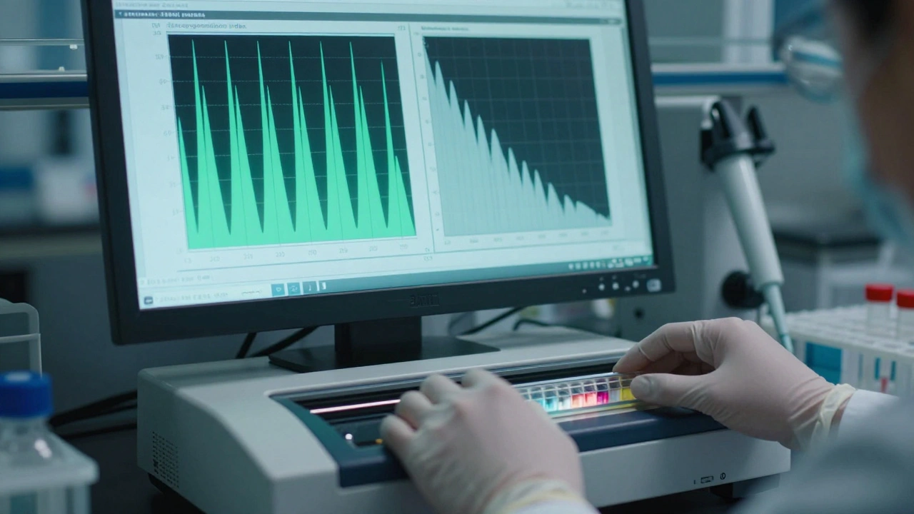 Forensic lab scene showing DNA electrophoresis results indicating sample degradation.