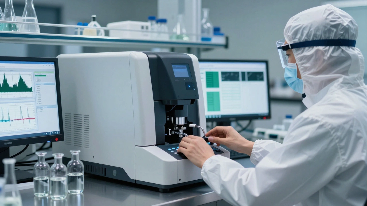 Forensic scientist operating LC-MS/MS machine in a modern laboratory.