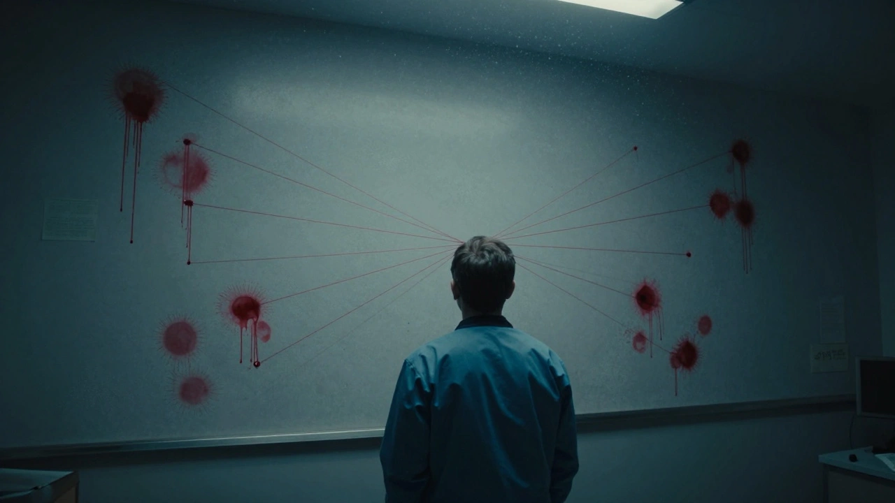 Forensic strings converging in mid-air to pinpoint the origin of blood splatters.