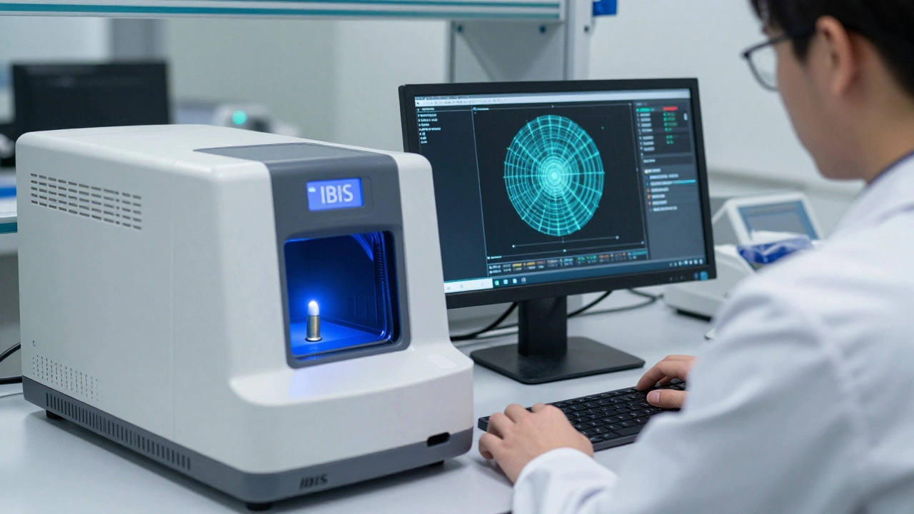 Forensic technician using IBIS scanner to digitize ballistic evidence in a lab.