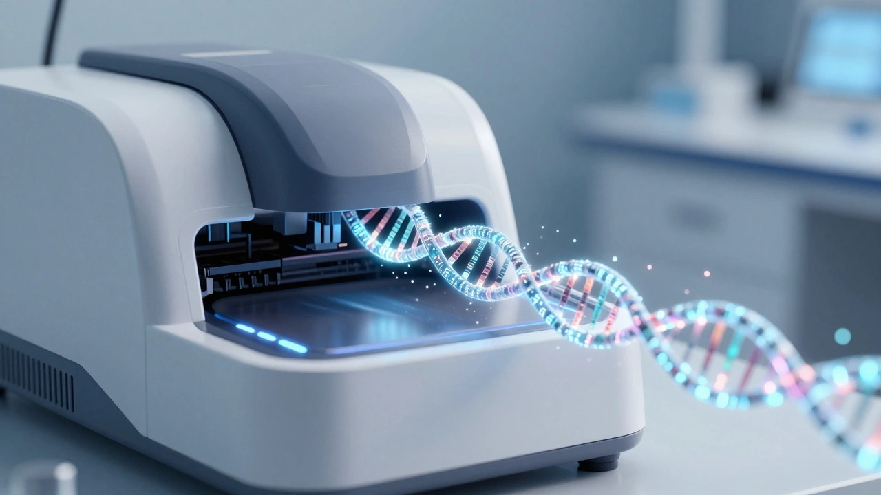 Futuristic DNA sequencer emitting a glowing double helix made of light particles