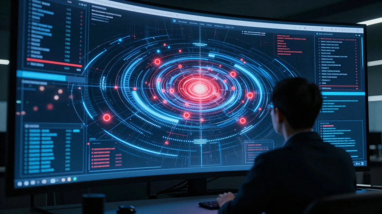Futuristic security dashboard displaying AI-detected anomalies in cloud data flows