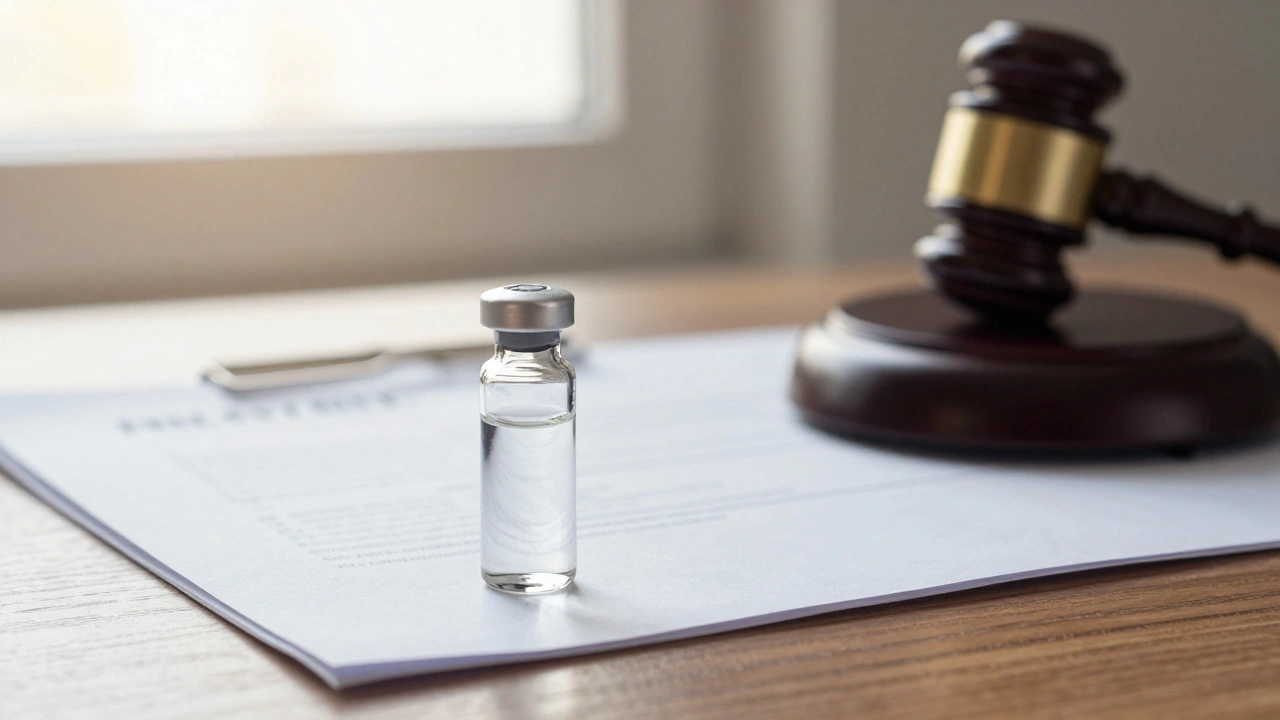 Glass vial and gavel symbolizing legal accuracy in drug testing.