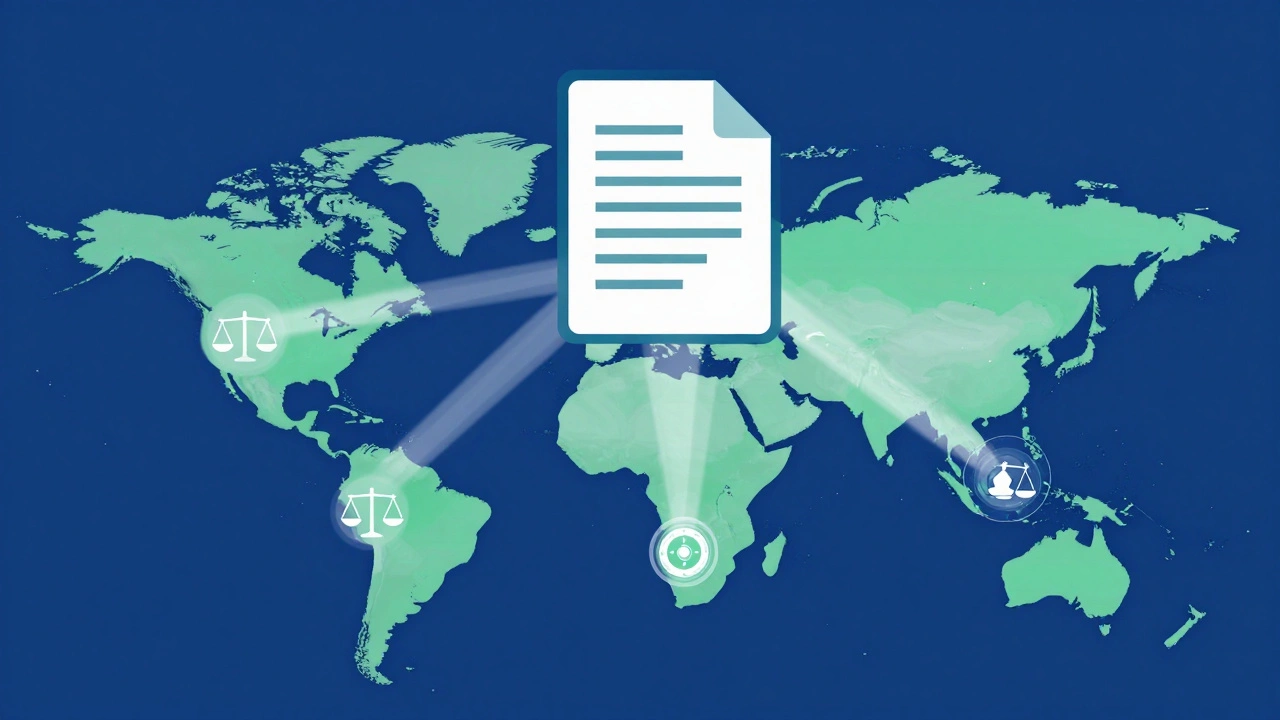 Global map connecting digital documents to regional legal frameworks via light beams