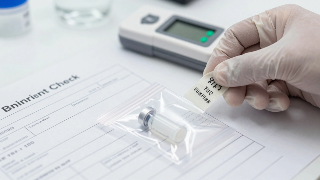 Gloved hand applying tamper-evident seal to evidence bag on lab table.