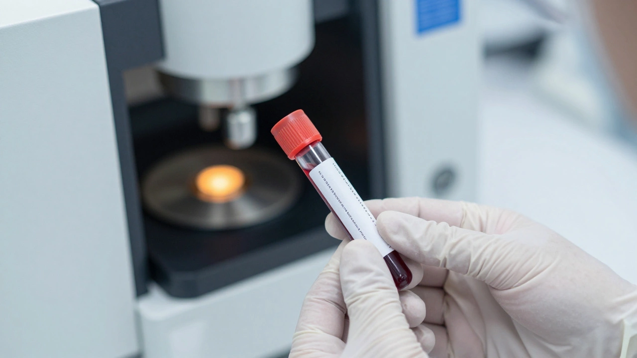 Gloved hand holding a sealed sample vial in a sterile forensic lab.
