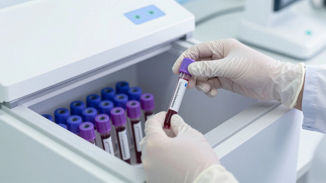 Gloved hand storing blood sample tube in medical freezer