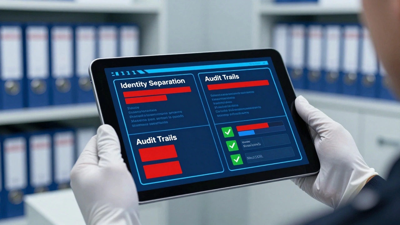 Gloved hands holding tablet with encrypted data interface