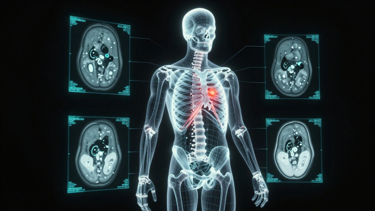 Glowing 3D wireframe skeleton scan showing forensic data points in a dark space