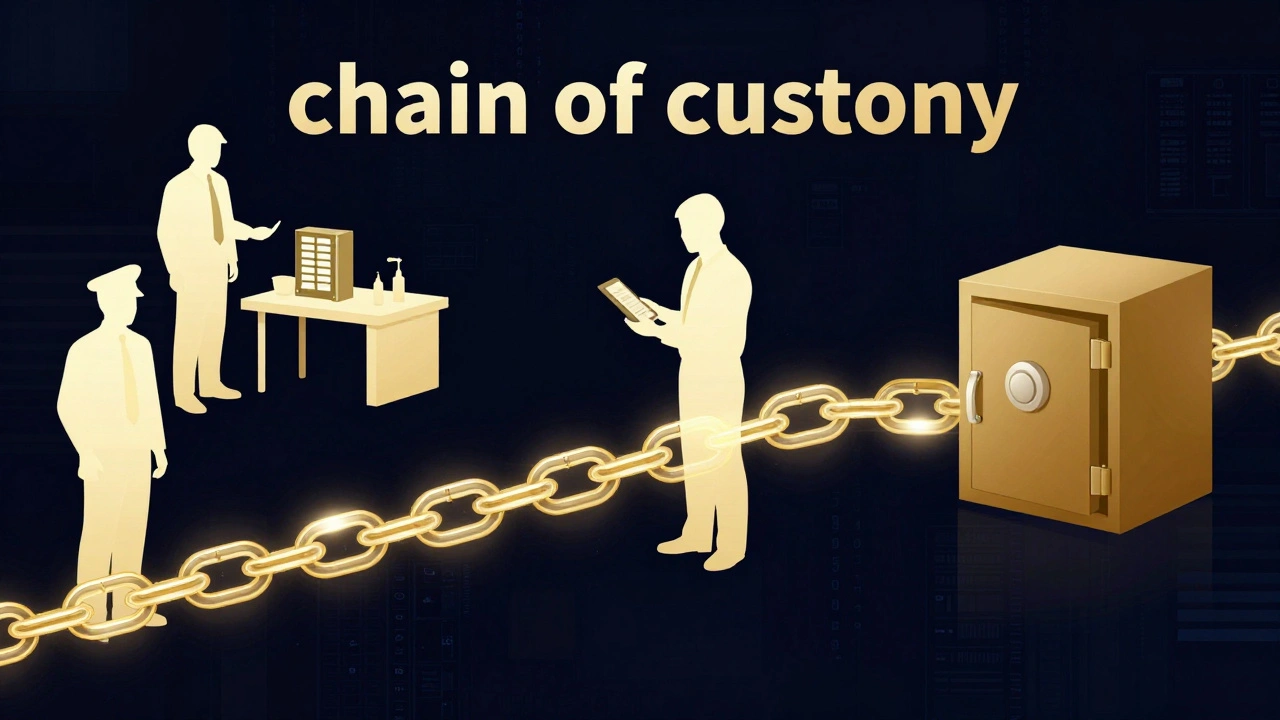 Glowing chain connecting forensic staff, symbolizing an unbroken digital custody trail.
